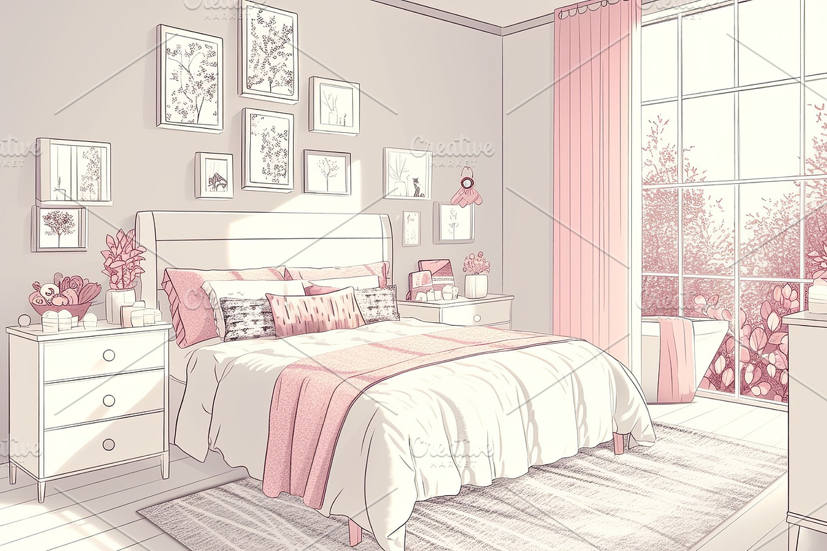 Cozy modern bedroom with soft tones and decorative elements by sunlight, an Illustration by AS photostudio