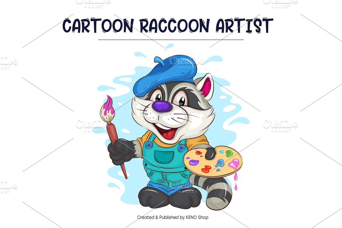 Cartoon Raccoon Artist. T-Shirt, SVG, an Animal Illustration by KENO Mascots (Photo 2 of 3)