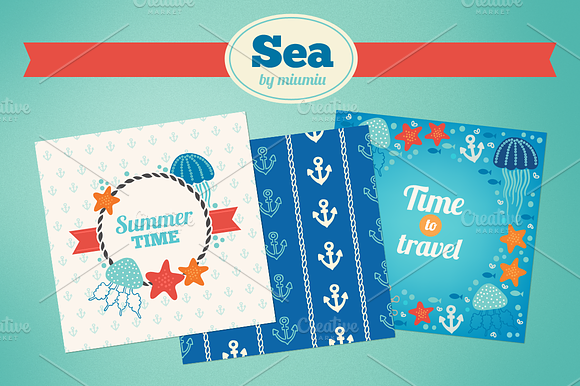 Sea greeting cards and patterns preview 3