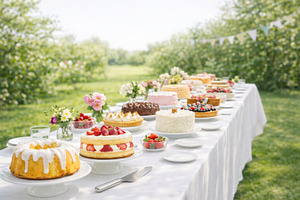 Outdoor picnic with cakes and flower, a Photo by Dvoevnore photos