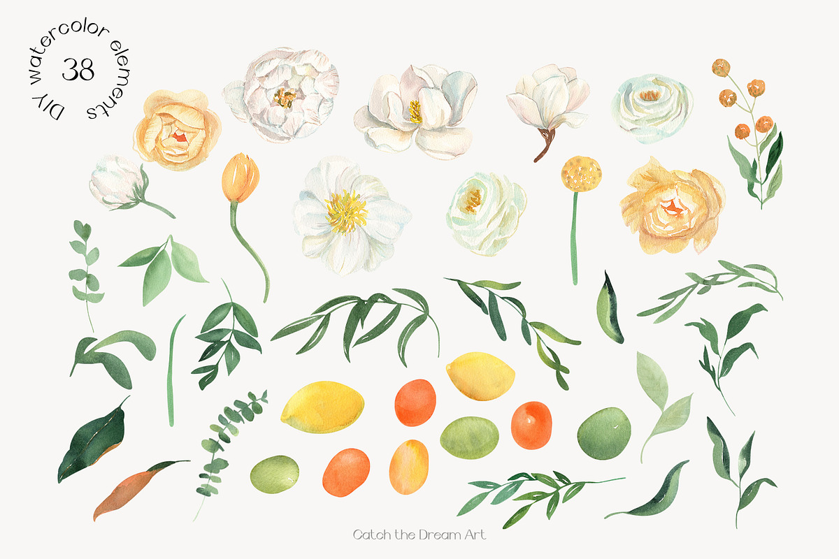 Renaissance. White Flowers & Citrus, a Decorative Illustration by Catch the Dream Art (Photo 4 of 10)