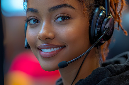 Smiling woman in a call center environment wearing a professional headset, a Photo by AS photostudio