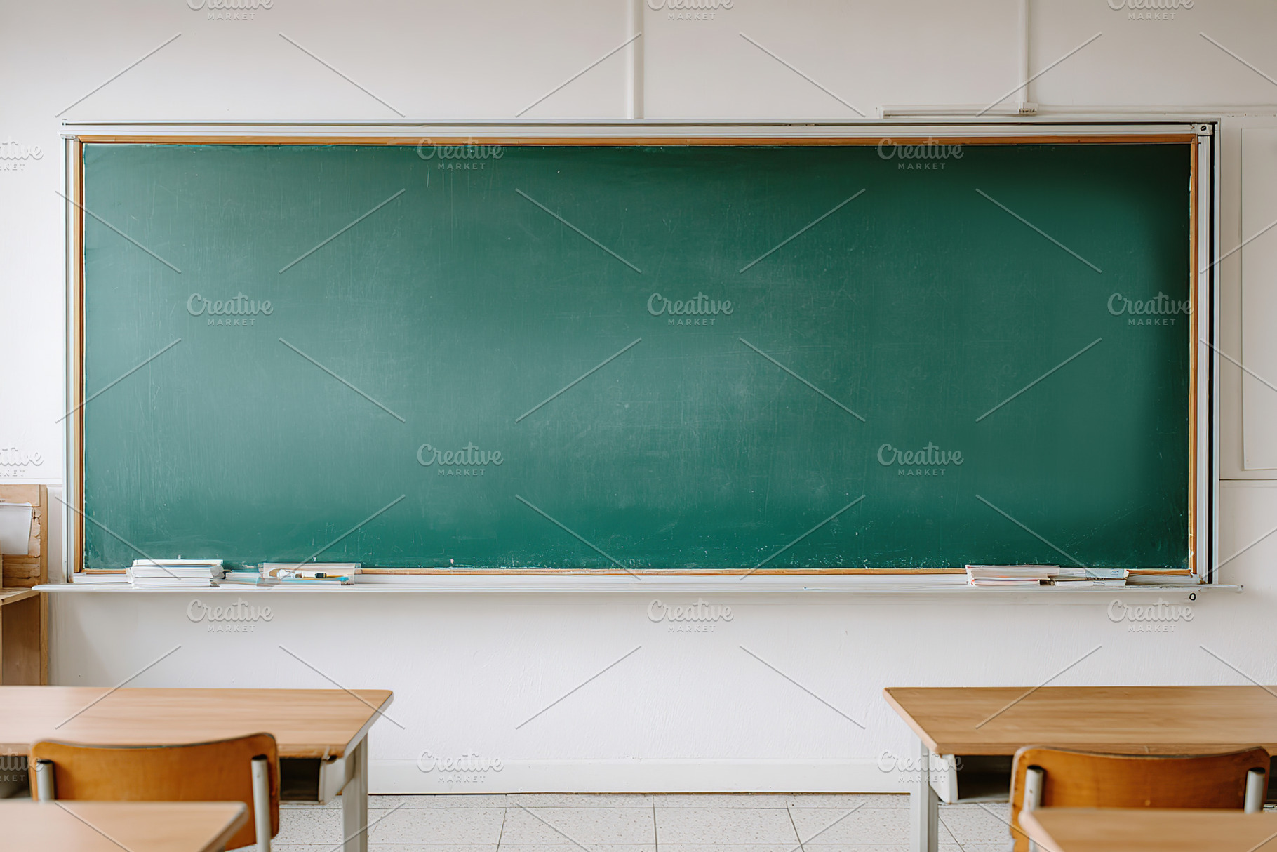 Classroom with green chalkboard and wooden desks in a learning environment, a Background Photo by AlyaAnd