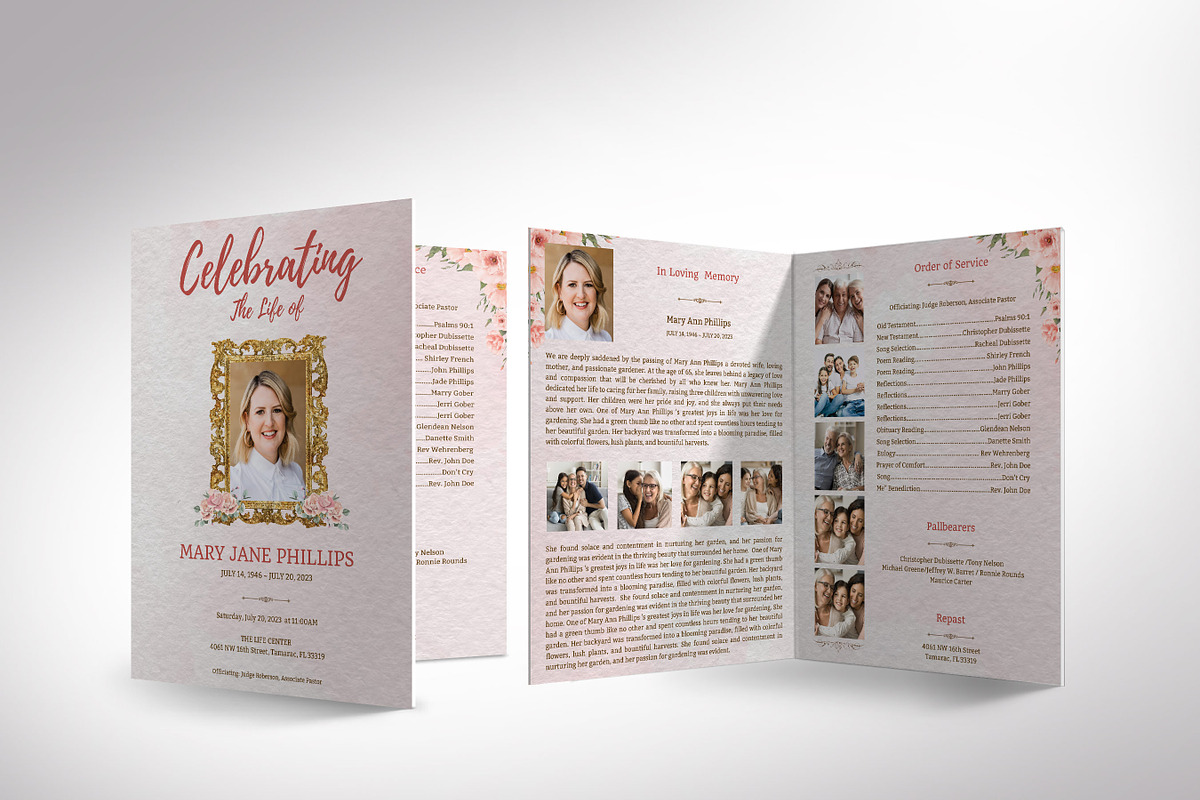 Pink Tabloid Funeral Program Templat, a Brochure Template by Four C Graphic (Photo 1 of 8)