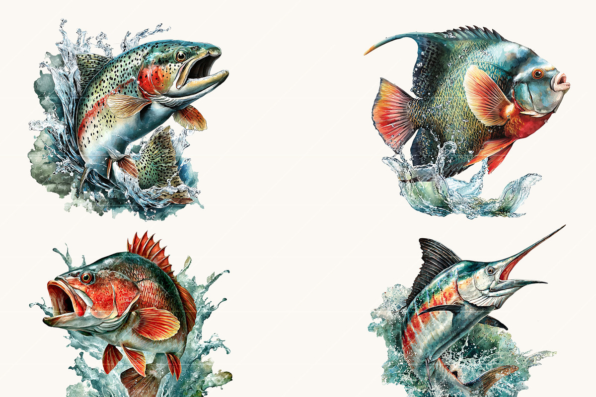 Watercolor Jumping Fish Clipart, an Animal Illustration by BusyDaydesign (Photo 4 of 9)
