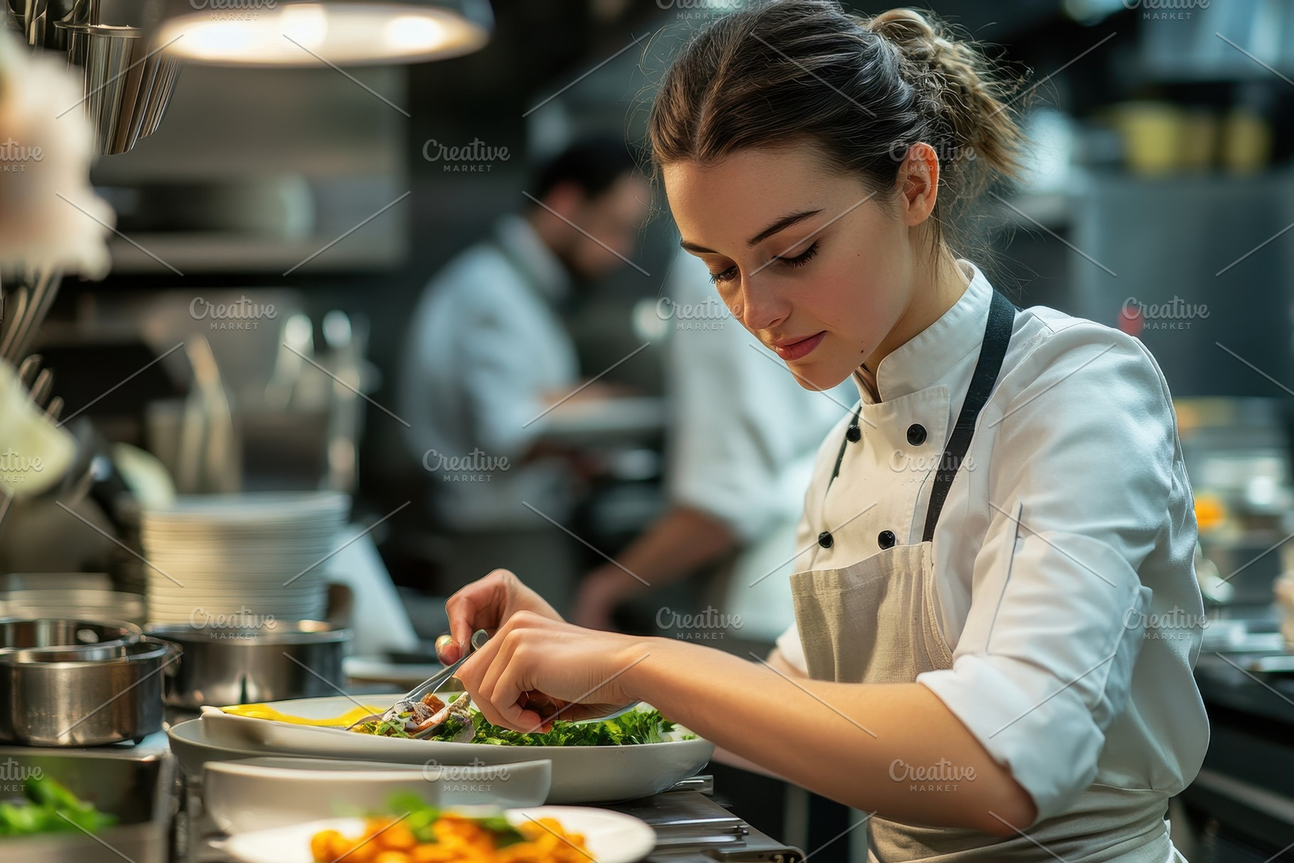 Woman chef skillfully plating a dish, a Photo by Pavel_design