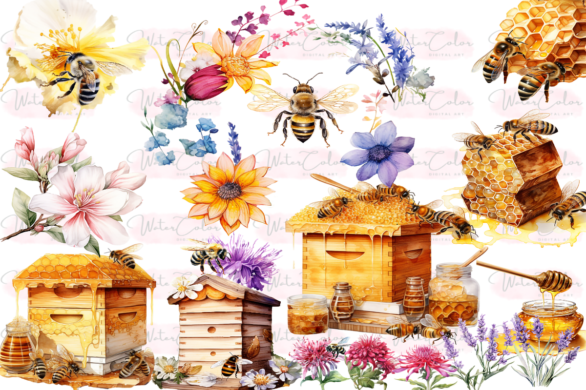 Honey Bee Watercolor Clipart, a Decorative Illustration by Watercolor Digital (Photo 4 of 7)