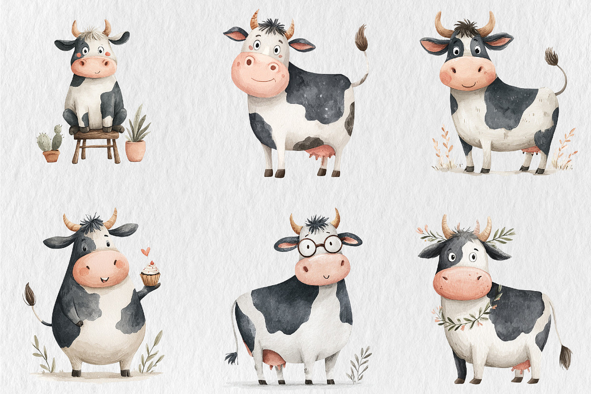 Watercolor Funny Cow Clipart, a Seasonal Illustration by Rose Art (Photo 3 of 7)
