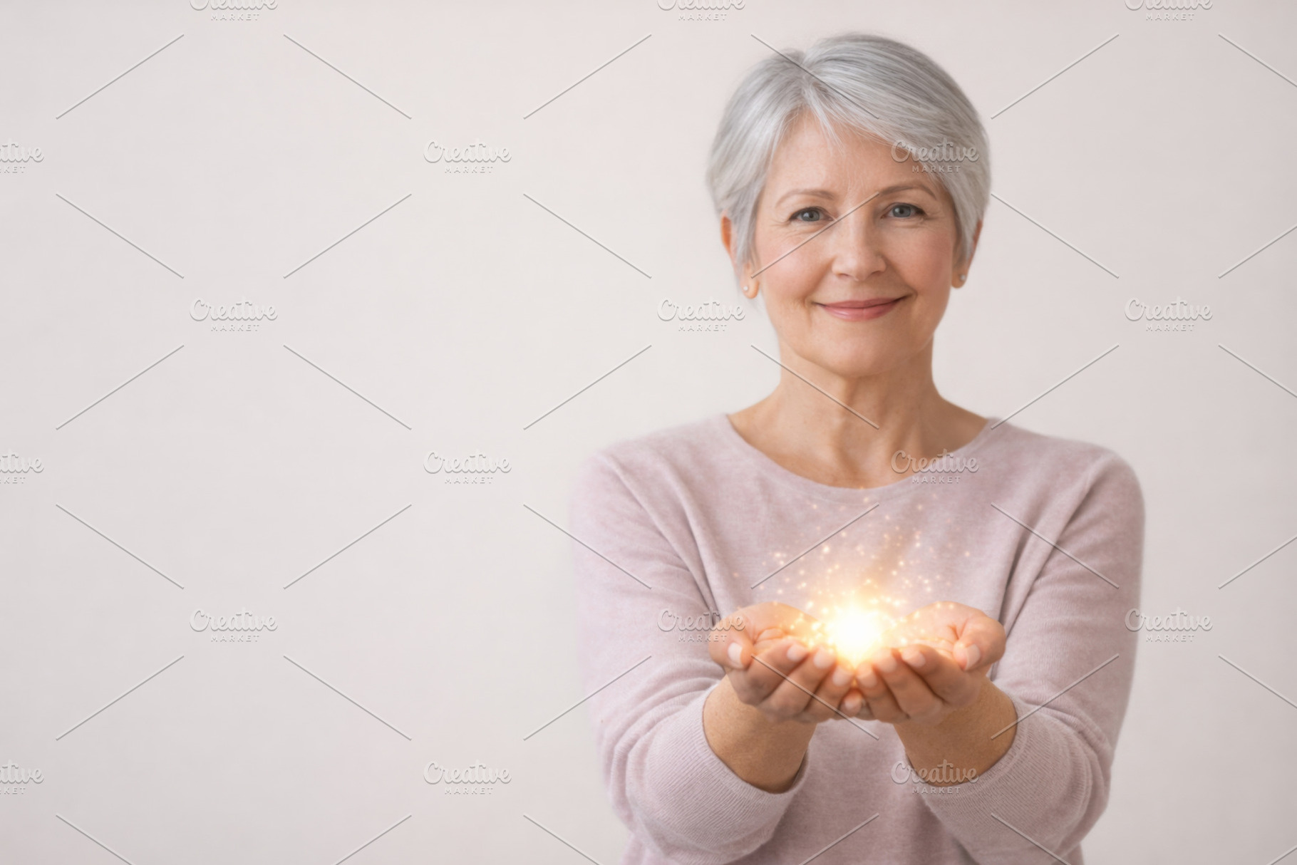 Senior woman holding glowing light, International Womens Day Giv, a Photo by Dvoevnore photos