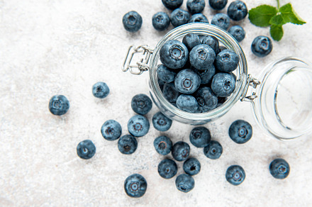 Blueberries on concrete background, a Food & Drink Photo by Olena Rudo