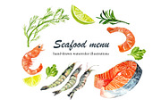 Watercolor image of seafood set, a Food Illustration by Elena Dorosh (Thumbnail 1 of 5)