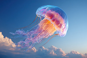 Colorful jellyfish gracefully swimming in a clear blue sky at sunset near the o, a Photo by AlyaAnd