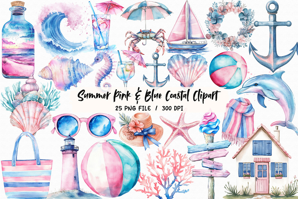 Summer Pink & Blue Coastal Clipart, an Illustration by Libby Wishes (Photo 1 of 5)
