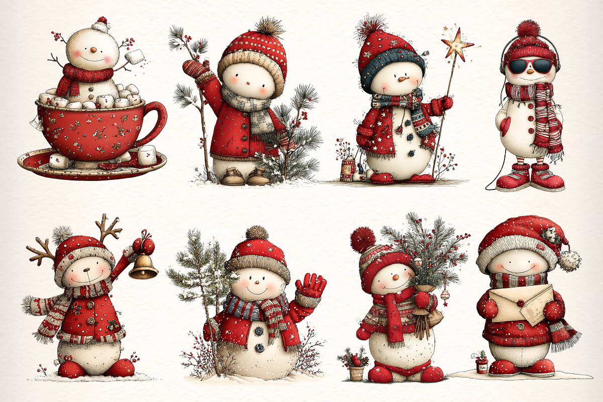Whimsical Christmas Snowman Clipart, an Illustration by Dream Creation (Photo 5 of 9)