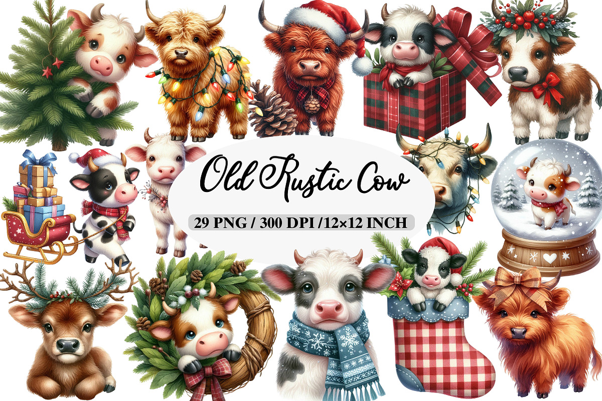 Old Rustic Christmas Cow Clipart, an Illustration by Daily.Designs (Photo 1 of 5)