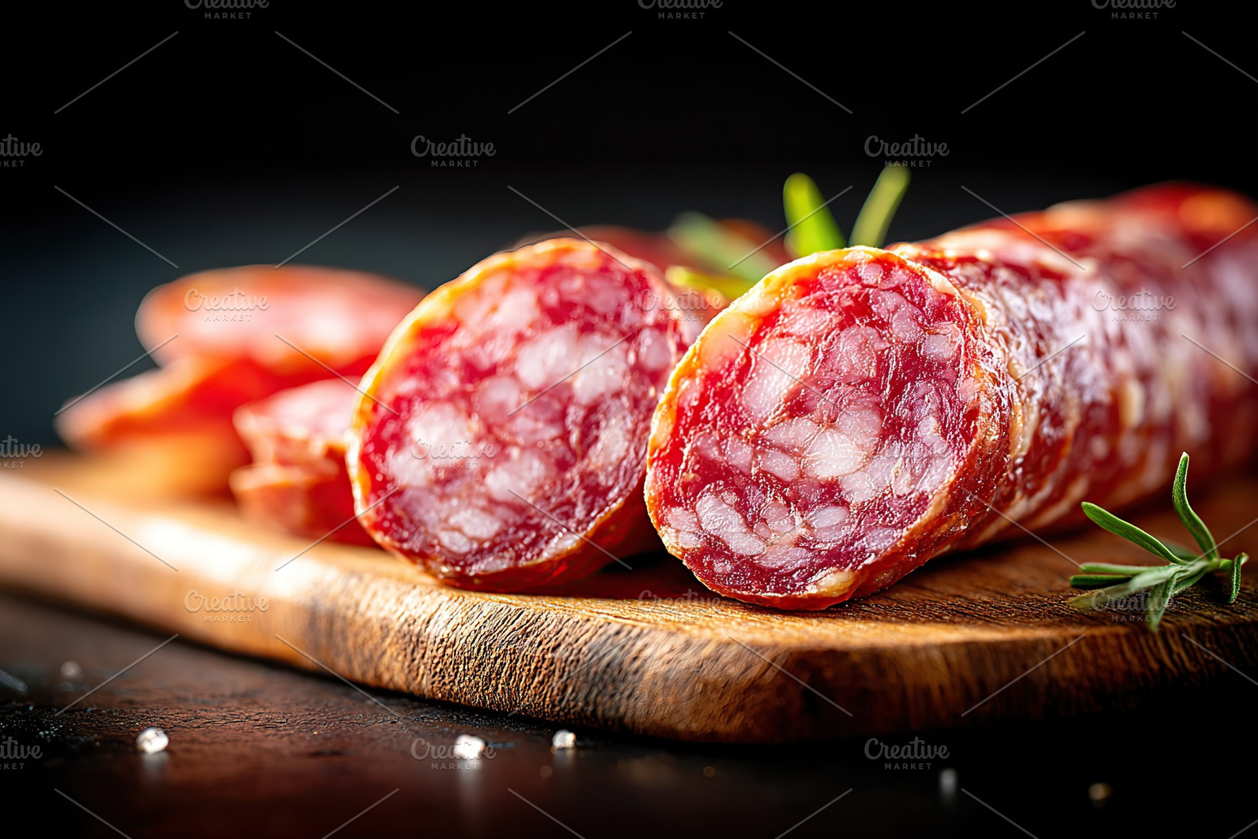 Delicious sausages arranged on a wooden board in a modern kitchen setting, a Food & Drink Photo by AlyaAnd