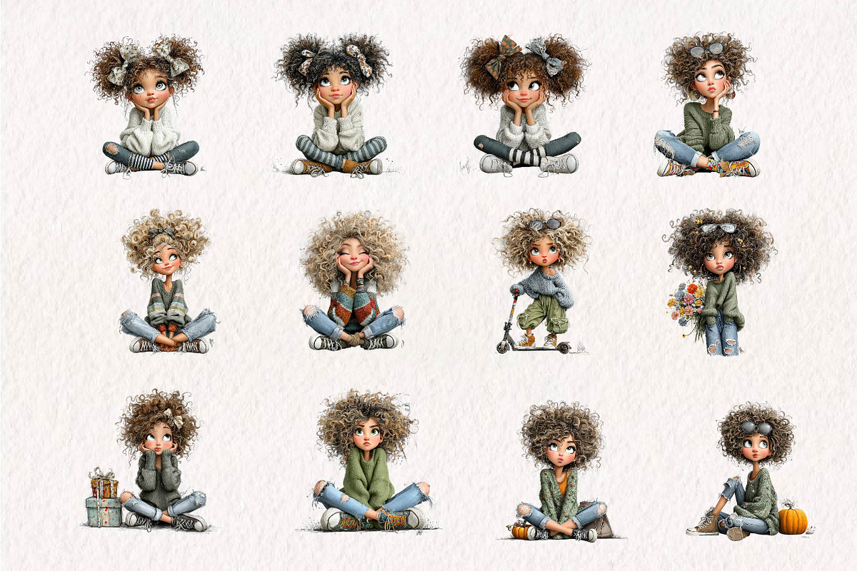Whimsical Curly Girl Clipart Bundle, a Seasonal Illustration by CreationArt (Photo 2 of 7)