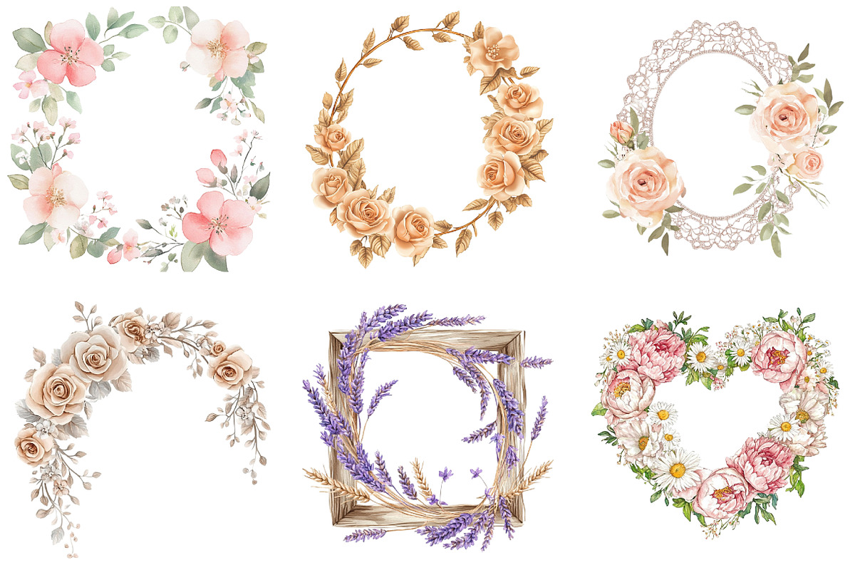 Boho Floral Frame Watercolor Clipart, an Illustration by DreamArtGraphic (Photo 2 of 4)
