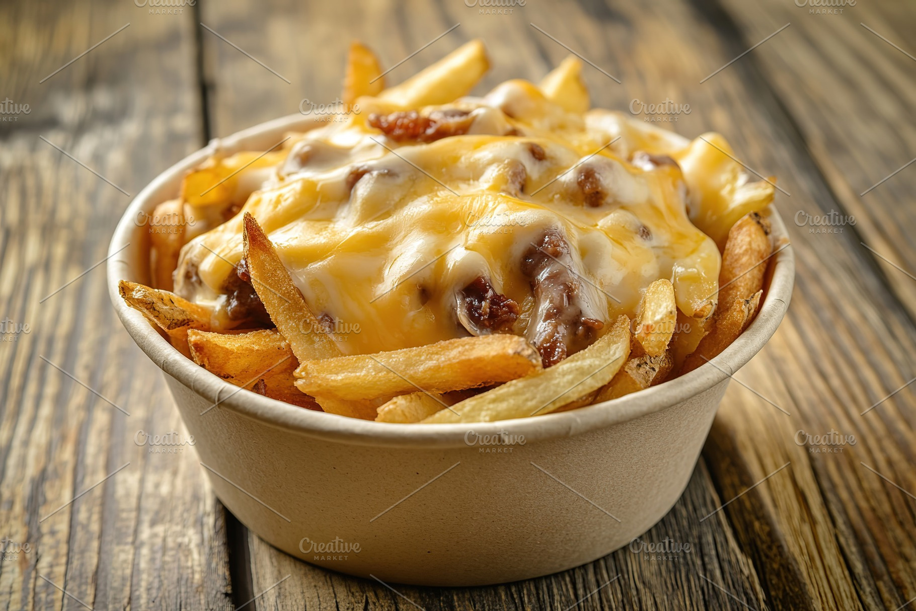 Tasty french fries topping with cheddar cheese on wooden table, a Food & Drink Photo by AlyaAnd