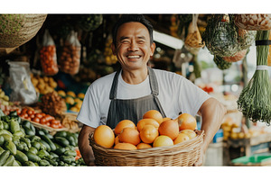 Smiling Asian fruit vendor holding a, a Business Photo by Sergey Kotenev