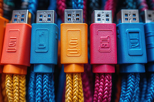 Colorful braided USB cables arranged, a Photo by Tanuart