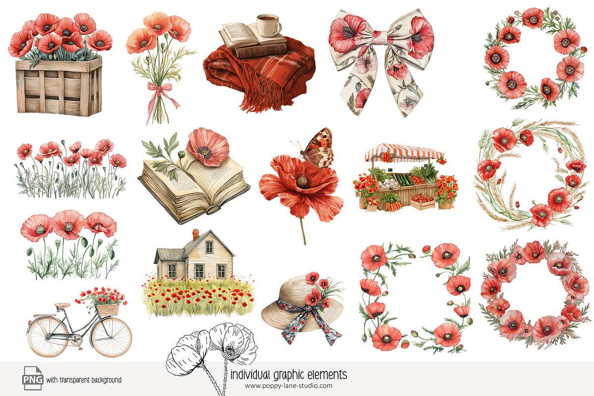 100 watercolour poppy clip art, a Seasonal Illustration by Poppy Lane Studio (Photo 6 of 12)