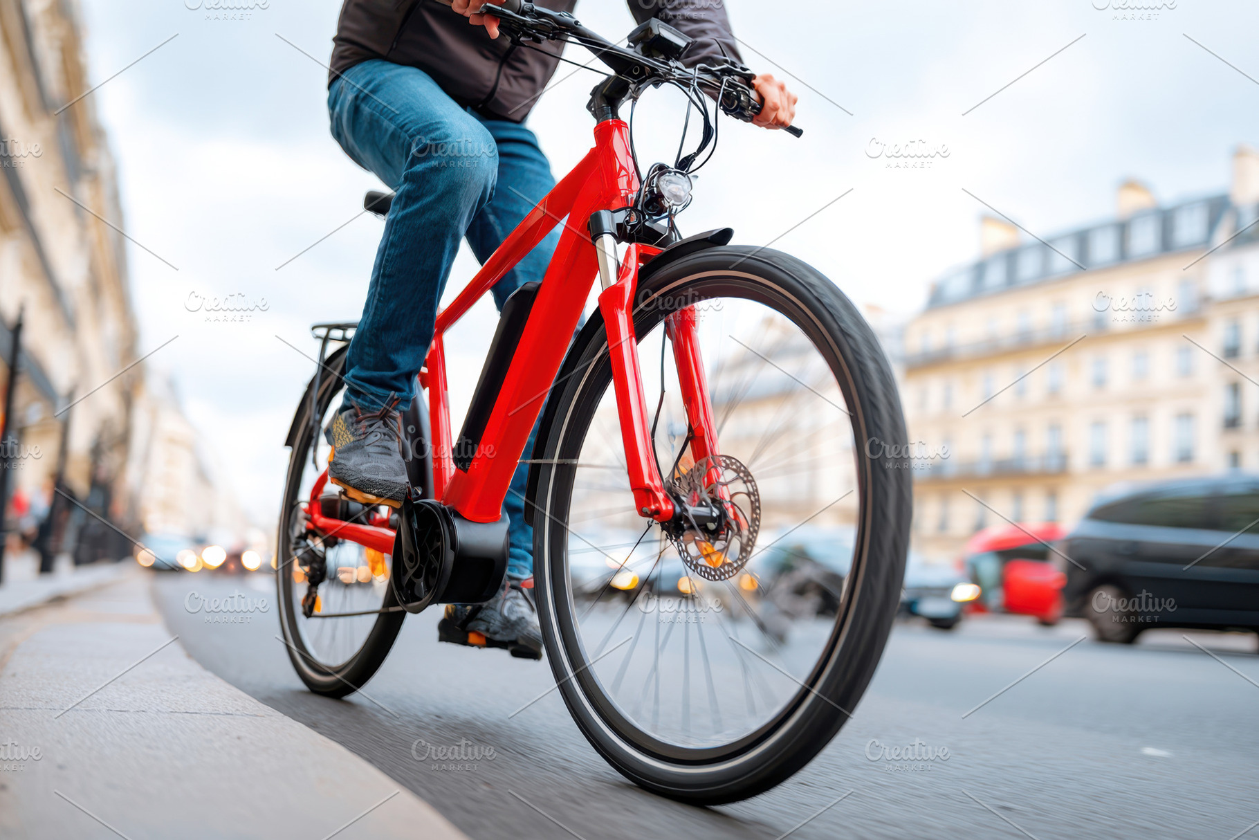 Urban cyclist on a busy city street, a Transportation Photo by AlyaAnd