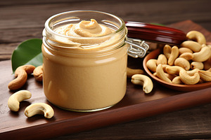 Glass jar with cashew butter on wooden table, a Food & Drink Photo by AlyaAnd