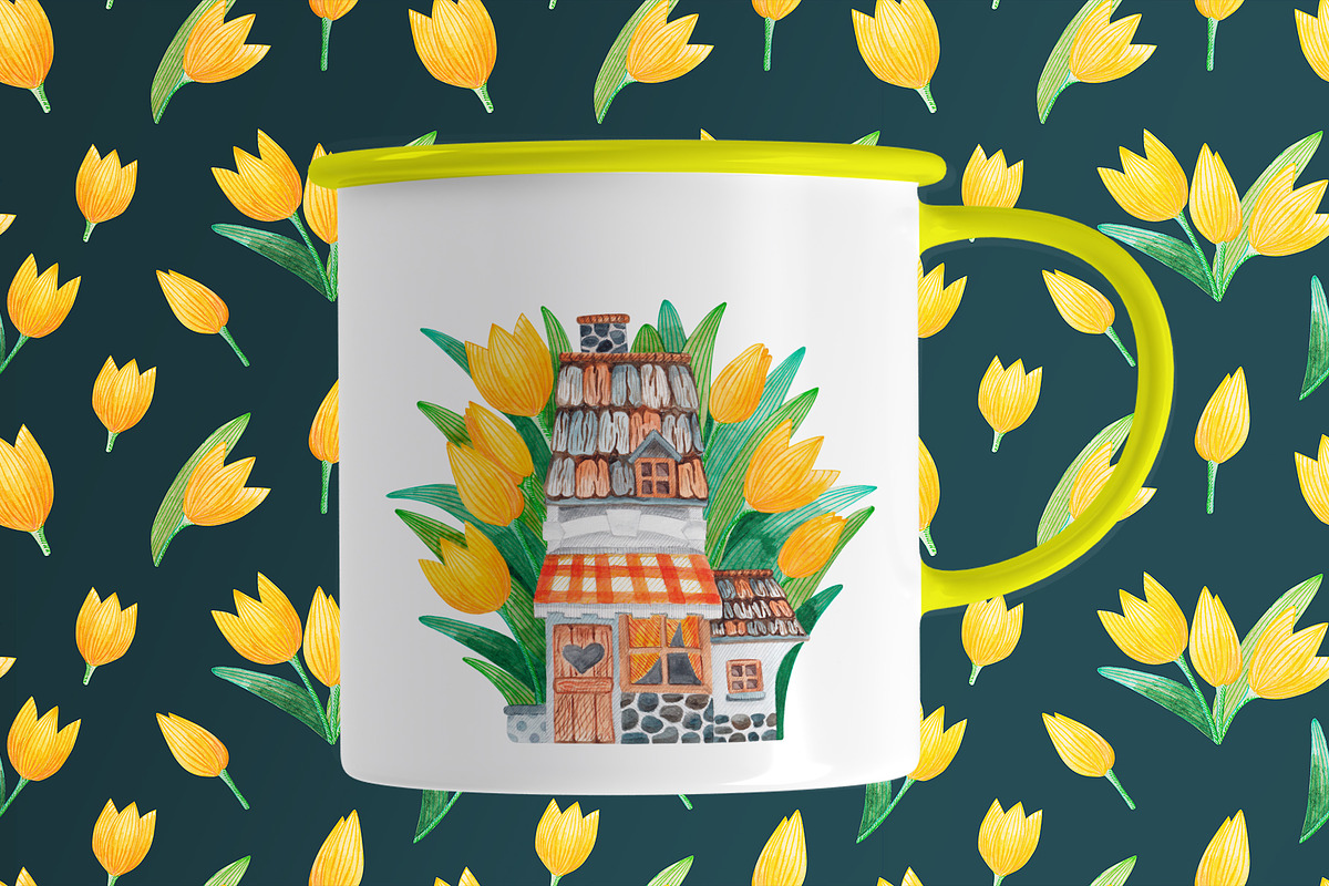 Watercolor house in yellow tulips, an Illustration by palllna (Photo 4 of 4)