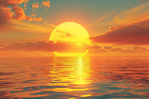 Calm ocean with sunrise sky and sun rays, a Photo by AlyaAnd