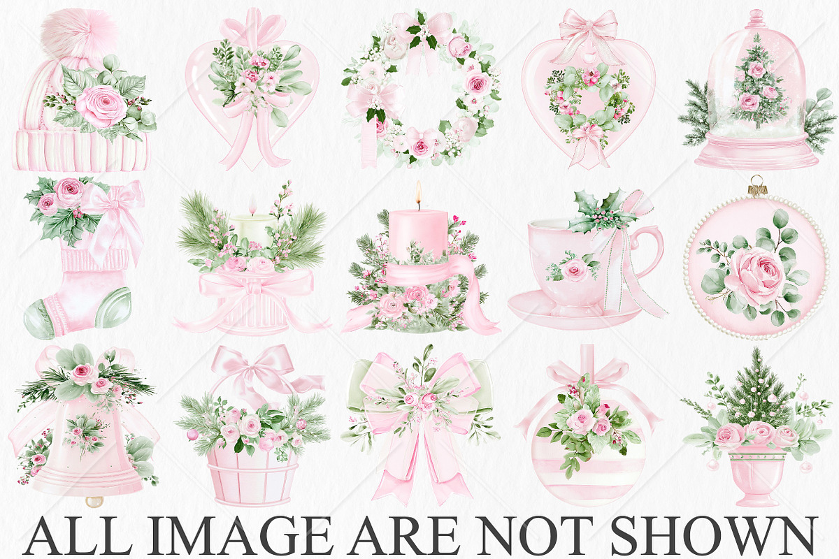 Watercolor Pink Christmas Clipart, a Seasonal Illustration by Canvas Craft (Photo 4 of 10)