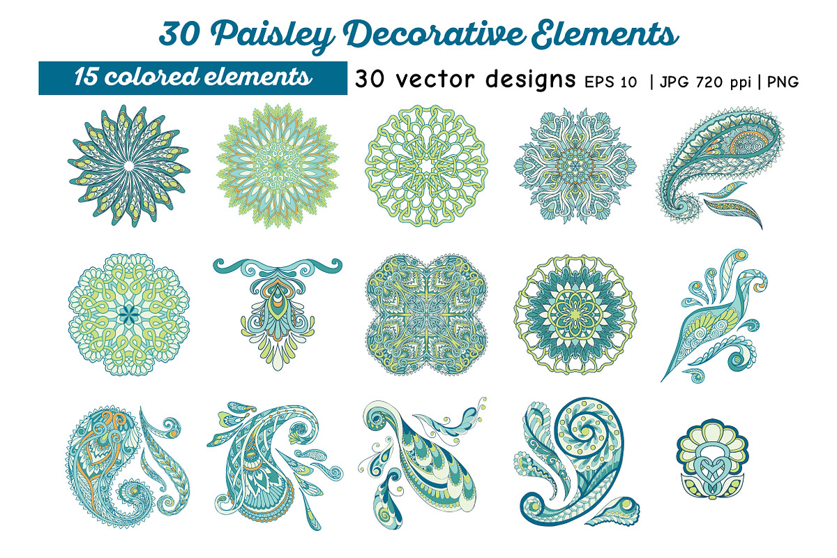30 Paisley and Mandala Elements, a Decorative Illustration by Elen-Lane (Photo 3 of 5)