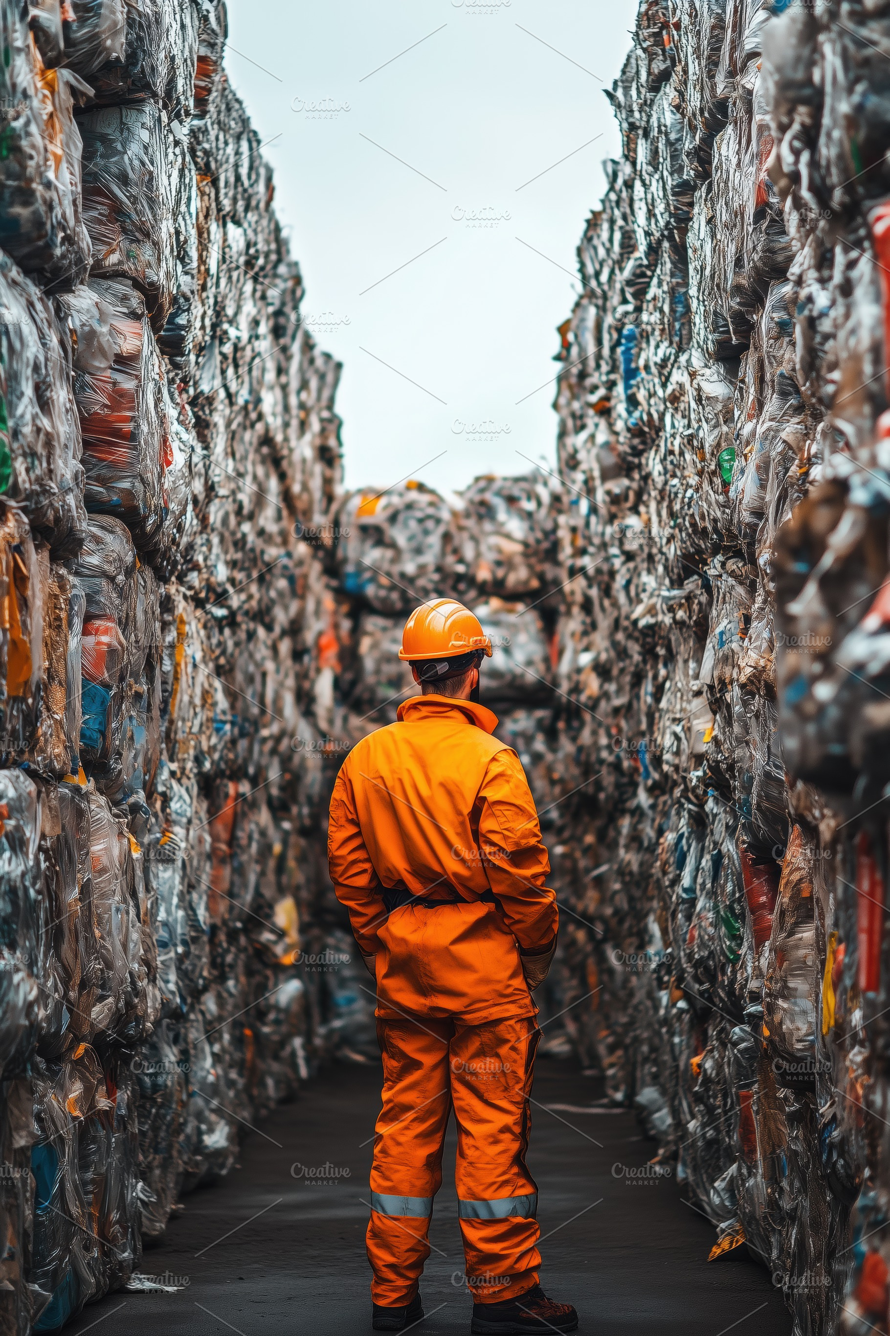 A worker recycling technologist in an orange safety suit and helmet stands betw, a Person Photo by Textures & Backgrounds