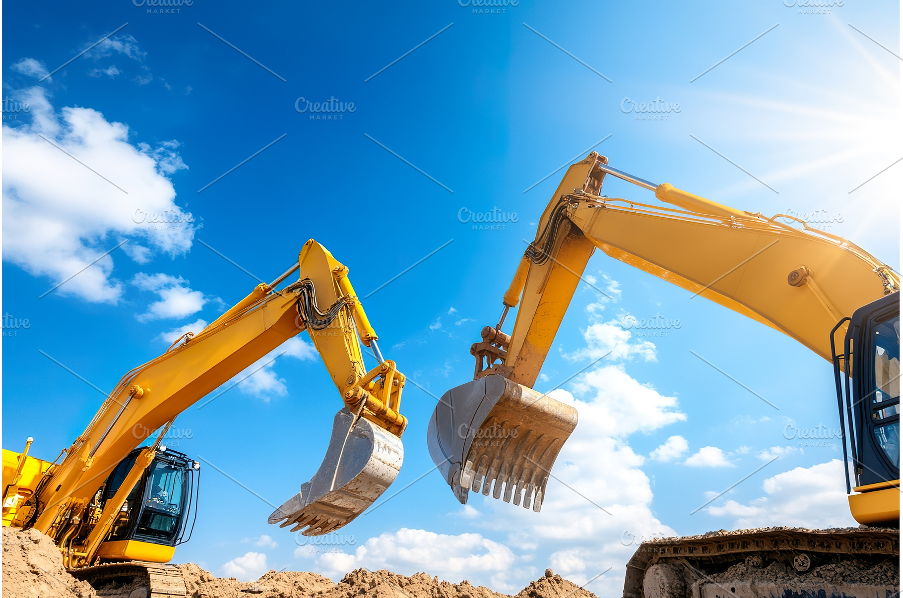 Dual excavators digging under bright, an Industrial Photo by Lermont51