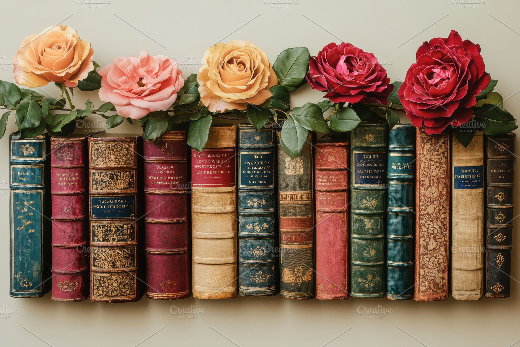 Roses adorn antique books a literary, a Photo by Pixeness Studio