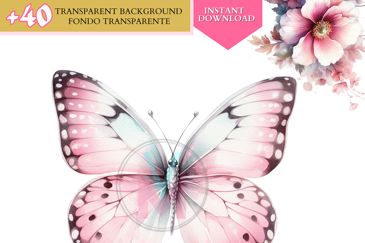 Watercolor Pink butterflies clipart, a Decorative Illustration by VM PARTYS  BY TAIRUMA (Photo 6 of 8)