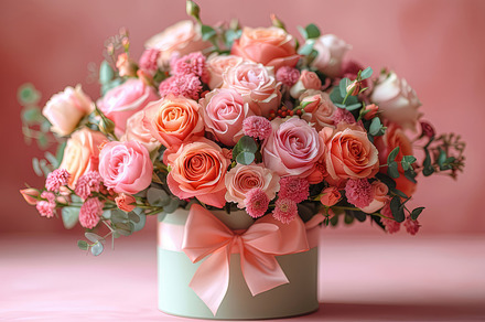 Elegant Pink and Peach Roses Bouquet in Vase with Ribbon on Pink Background, a Photo by AS photostudio
