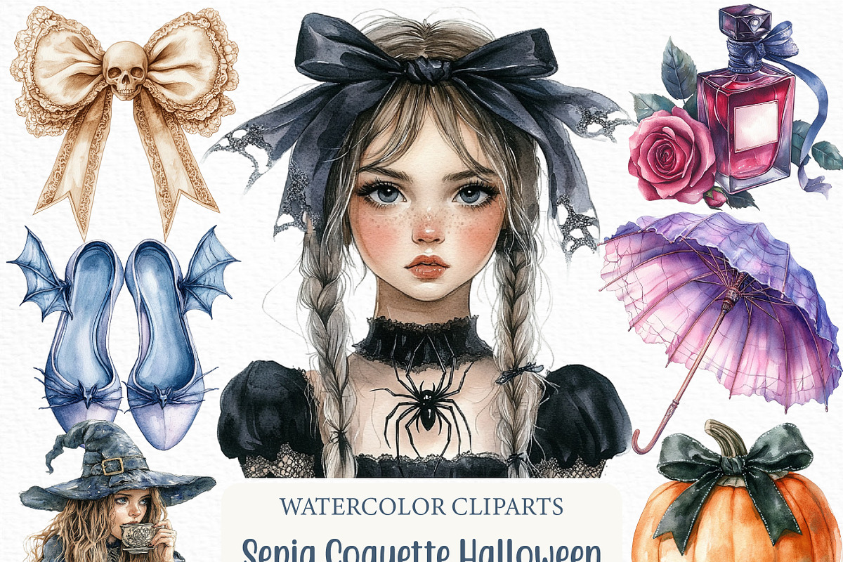 Watercolor Sepia Coquette Halloween, an Illustration by Craft Nest (Photo 1 of 6)