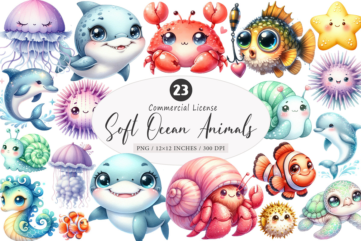Cute Soft Ocean Animals PNG, an Illustration by SinaCreation (Photo 1 of 5)