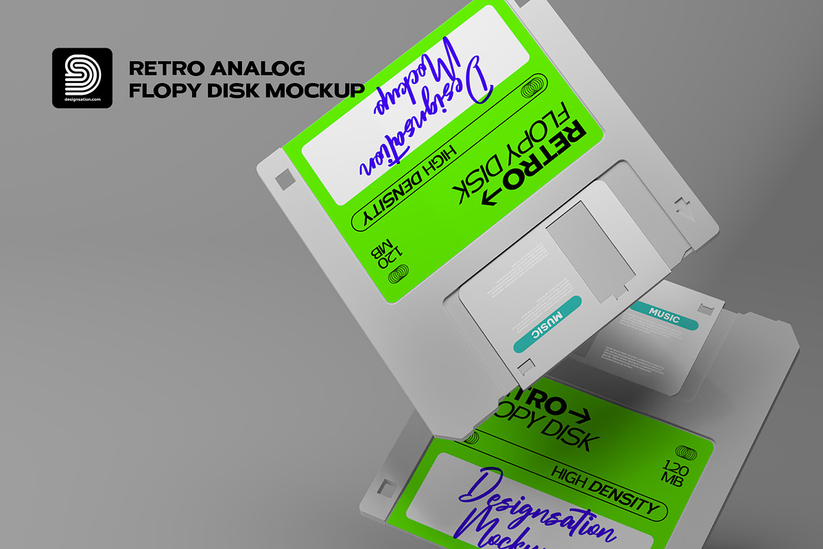 Analog Floppy Disk 3D Mockup, a Product Mockup by Designsation (Photo 1 of 3)
