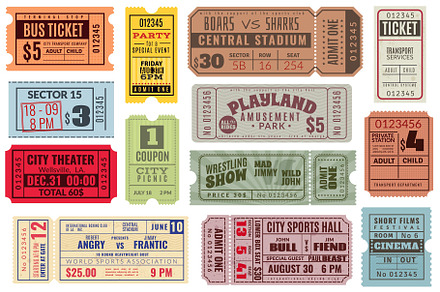 Vintage circus ticket template, old carnival entry tickets. Retro