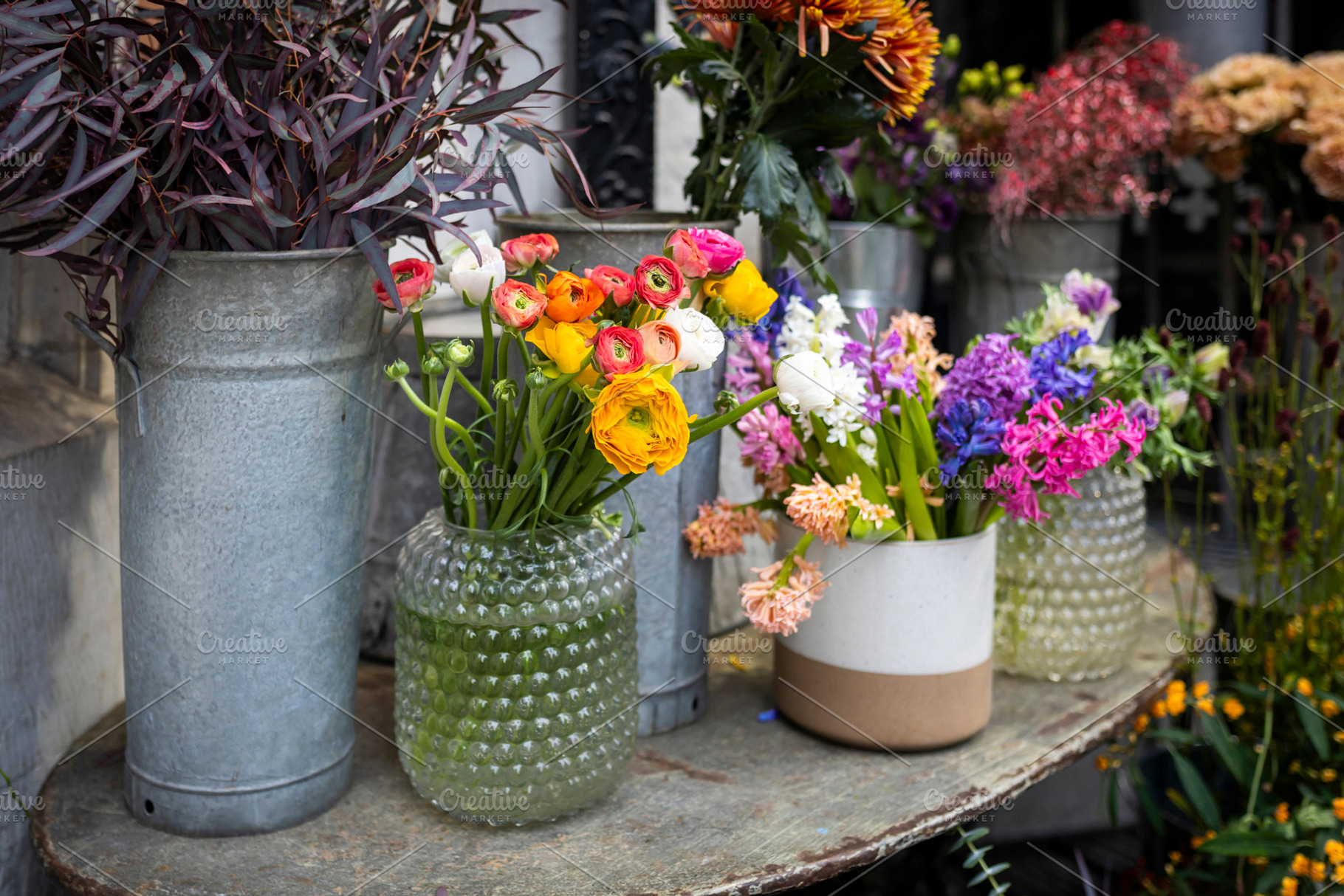 Colorful hyacinths, orange dahlias,, a Nature Photo by Imaginarium