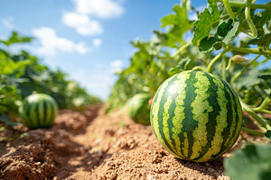 Watermelon growing on the vine in a sunny field during the summer season, a Food & Drink Photo by AlyaAnd