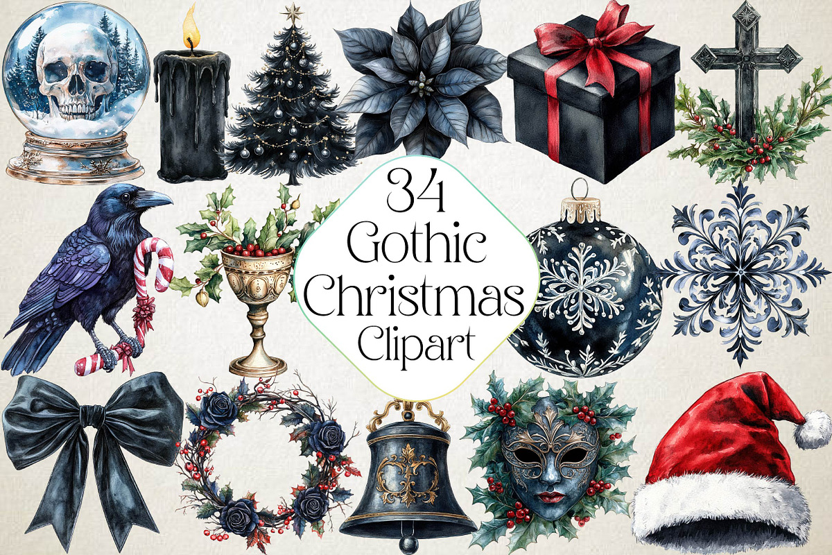 Watercolor Gothic Christmas Clipart, an Illustration by DreamPrint404 (Photo 1 of 7)