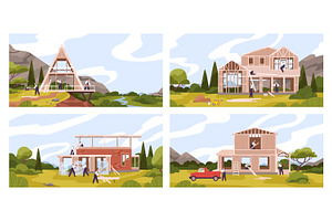 Builders constructing modern houses, a Person Illustration by Good Studio