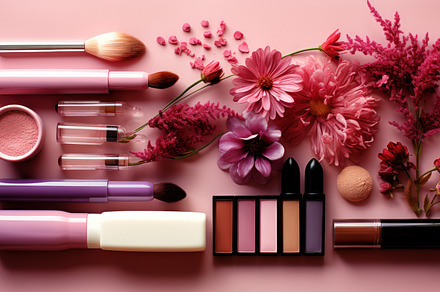 Set of beauty products on pink backg, a Beauty & Fashion Photo by Perpis