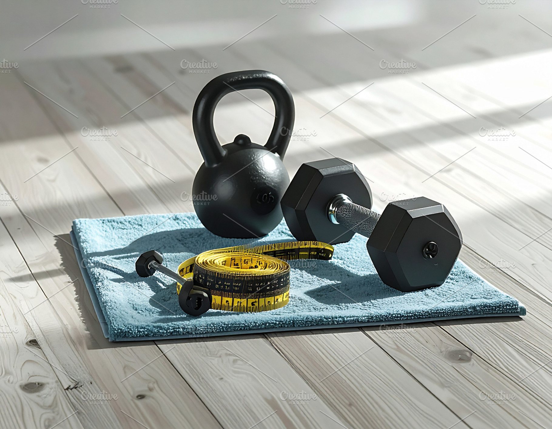 Dumbbells and measuring tape on a yoga towel on a light wood flo, a Sports & Recreation Photo by DanFLCreativo