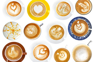 Coffee latte cup assortment isolated, a Food & Drink Photo by BOOCYS