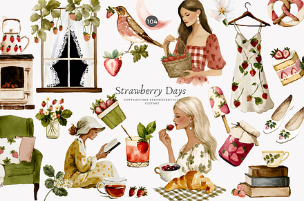 strawberry-themed watercolor clipart, a Decorative Illustration by Patishop Art