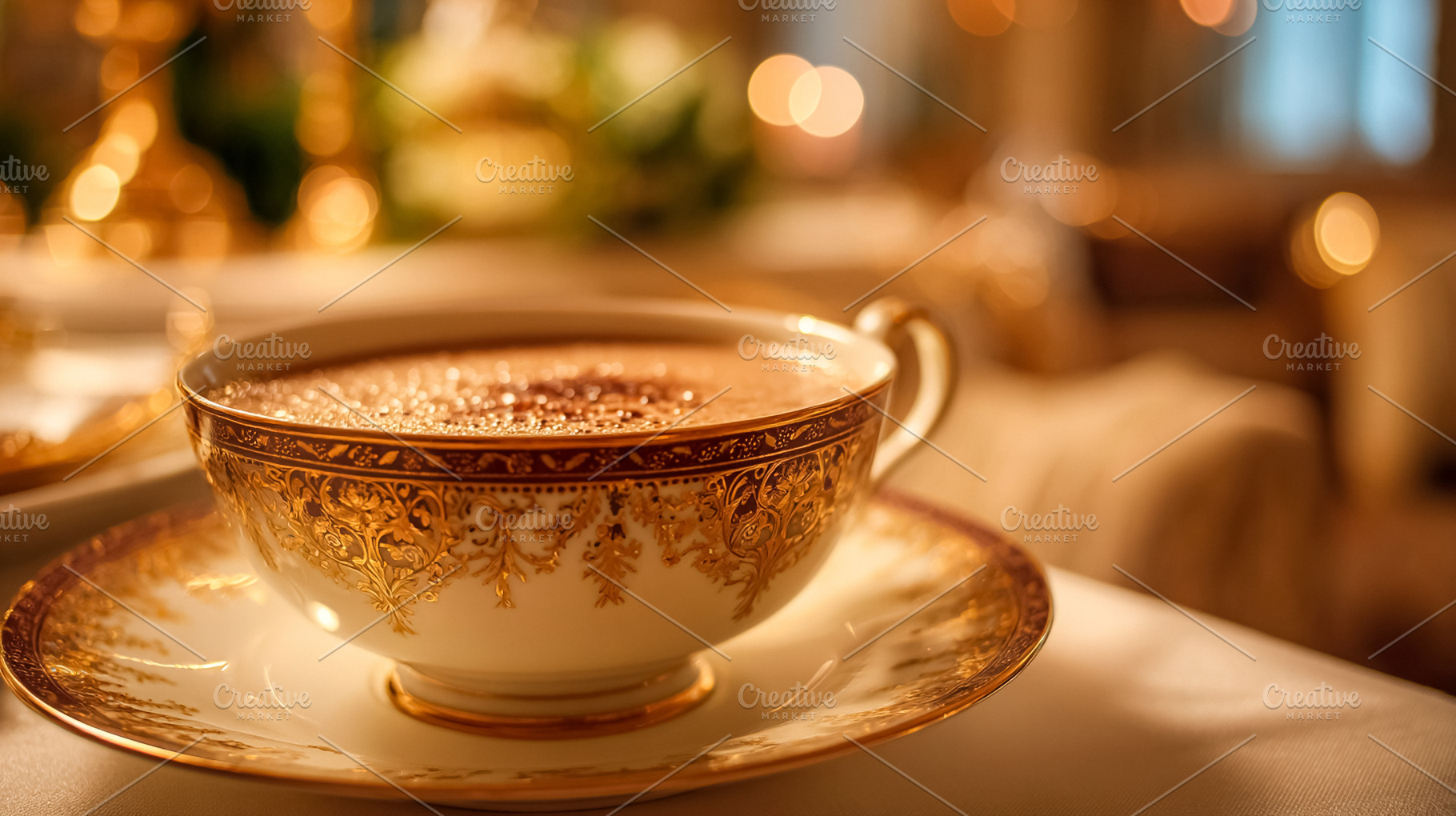 Elegant coffee cup with golden filigree, enjoying a luxurious af, a Photo by Studio ANNA